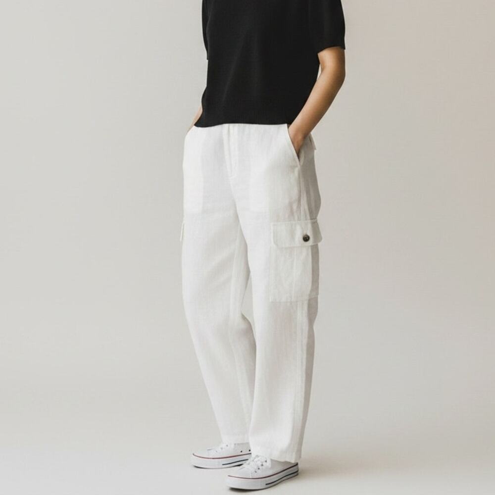 J. Jill 100% Linen Straight Leg Cargo Pants NWT Women's Sz 18T Pearl White Beach